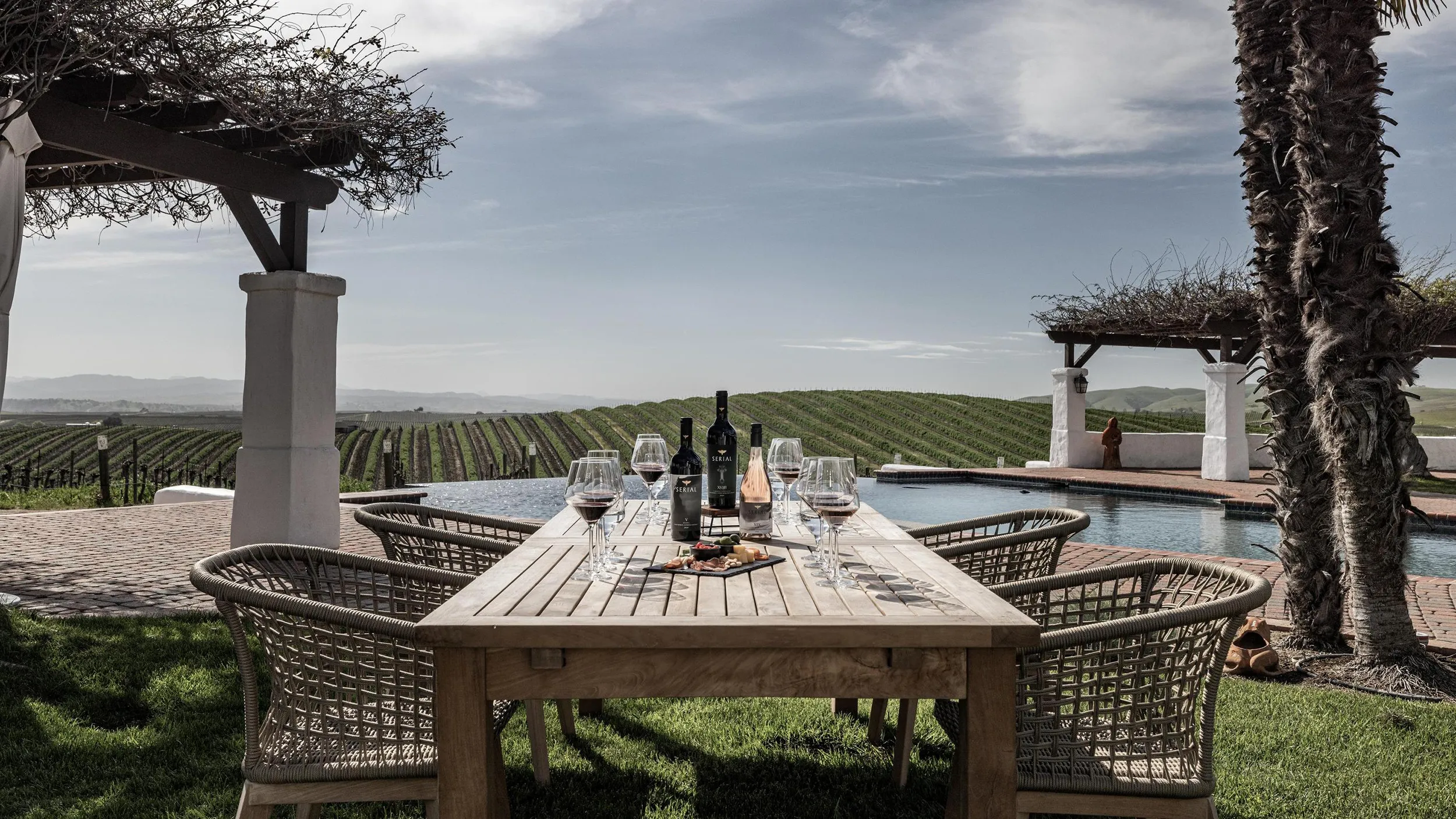 Wine tasting setup on a table at Serial Wines